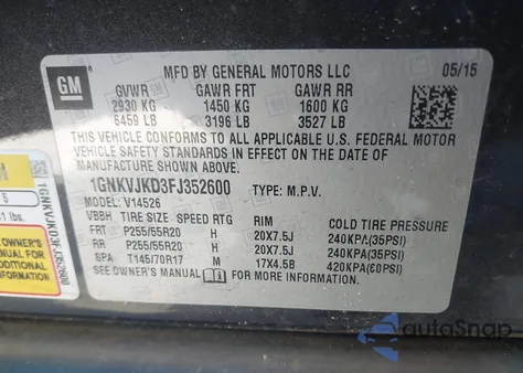 2015 Chevrolet Traverse Ltz from USA, damaged, VIN 1GNKVJKD3FJ352600